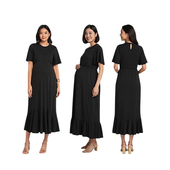Seraphine Dresses & Skirts - Seraphine Helena Midi Dress 6 Women Black Flounce Hem Jersey Stretch Maternity